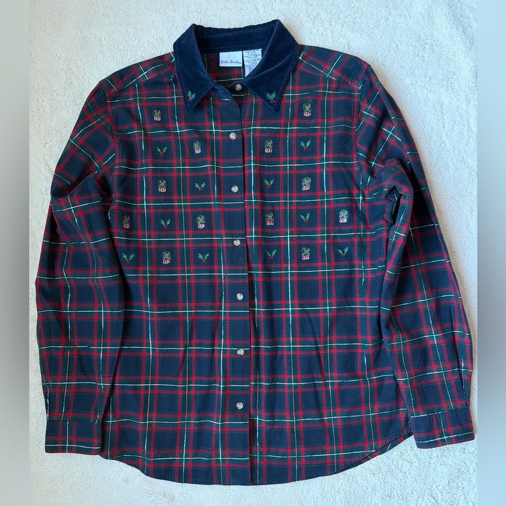 Bobbie Brooks Christmas Red and Navy Plaid Button Down Shirt Women Size Large